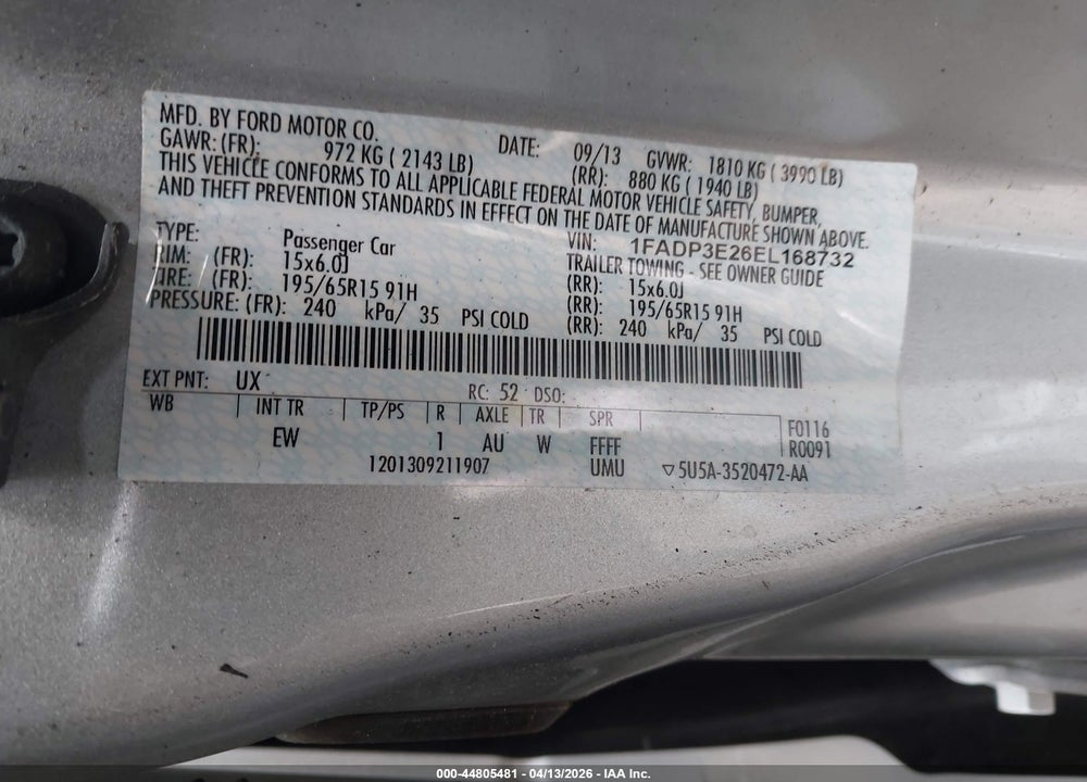 2014 FORD FOCUS S VIN: 1FADP3E26EL168732