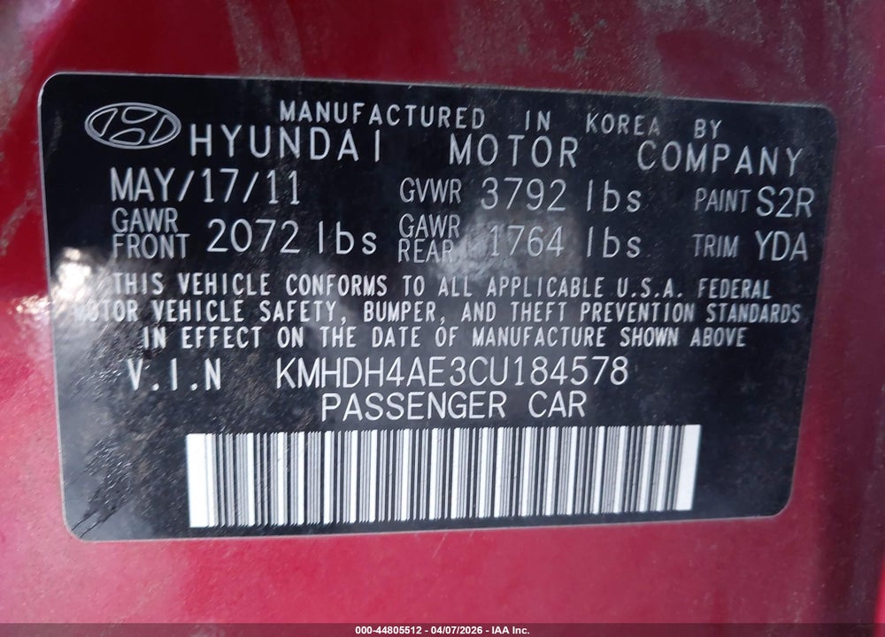 2012 HYUNDAI ELANTRA GLS (ULSAN PLANT) VIN: KMHDH4AE3CU184578