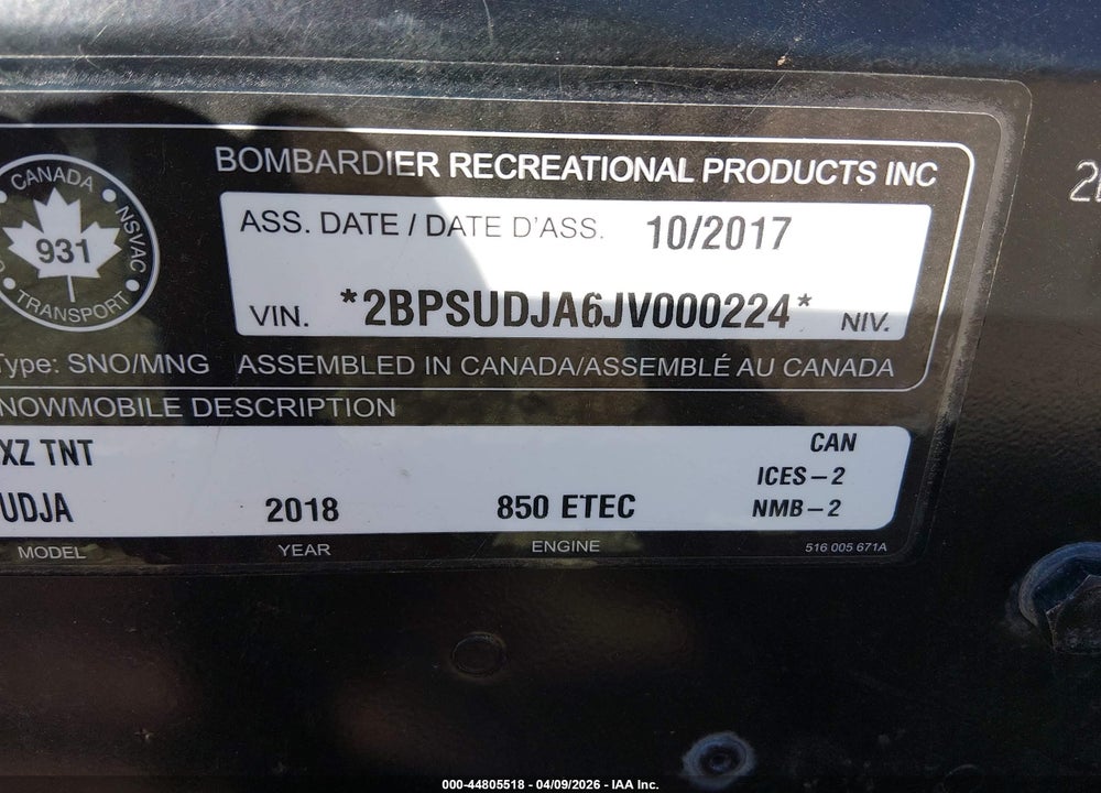 2018 SKI DOO MX Z X 800R VIN: 2BPSUDJA6JV000224