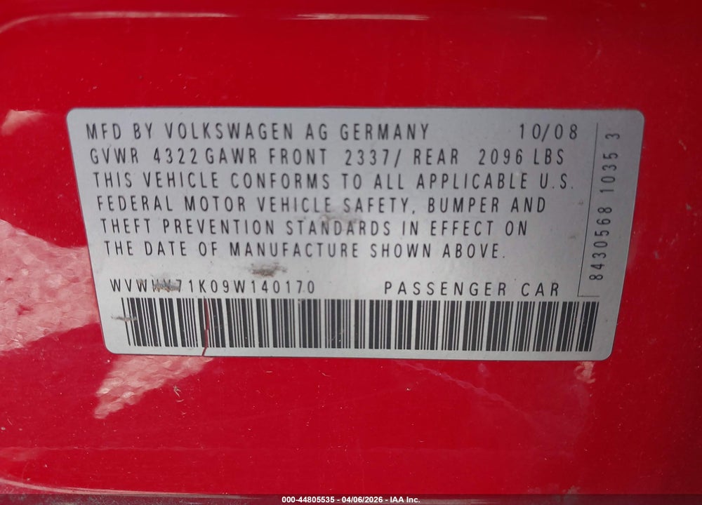 2009 VOLKSWAGEN GTI 4-DOOR VIN: WVWHV71K09W140170