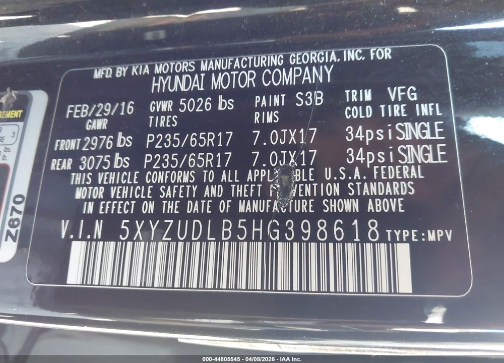2017 HYUNDAI SANTA FE SPORT 2.4L VIN: 5XYZUDLB5HG398618