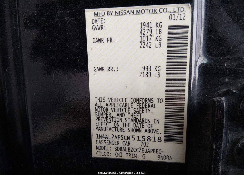 2012 NISSAN ALTIMA 2.5 S VIN: 1N4AL2AP5CN515818