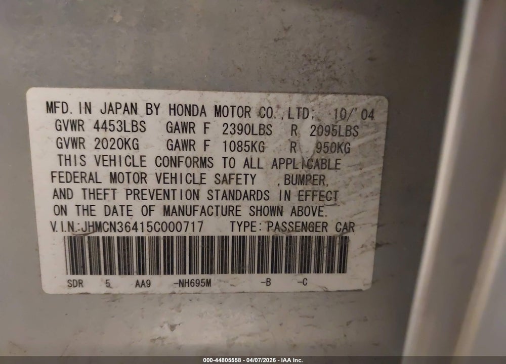 2005 HONDA ACCORD HYBRID IMA VIN: JHMCN36415C000717