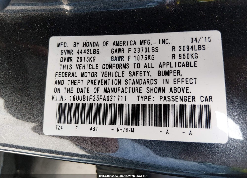 2015 ACURA TLX VIN: 19UUB1F35FA021711