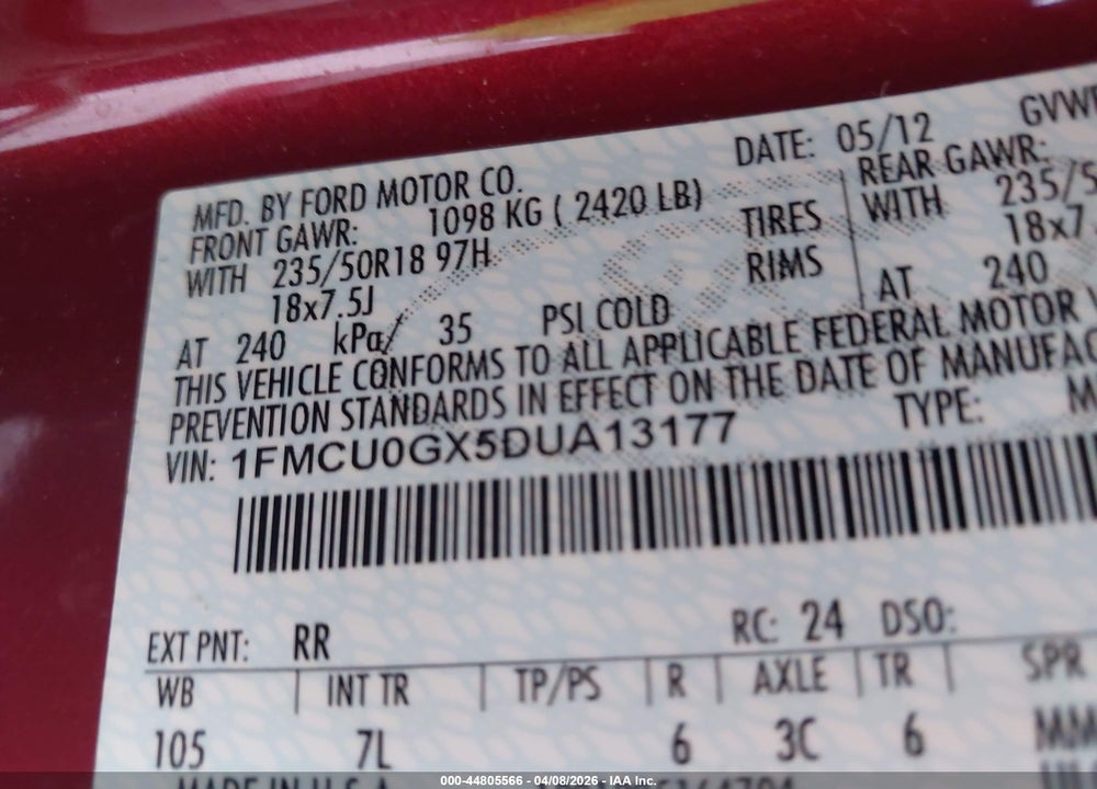 2013 FORD ESCAPE SE VIN: 1FMCU0GX5DUA13177