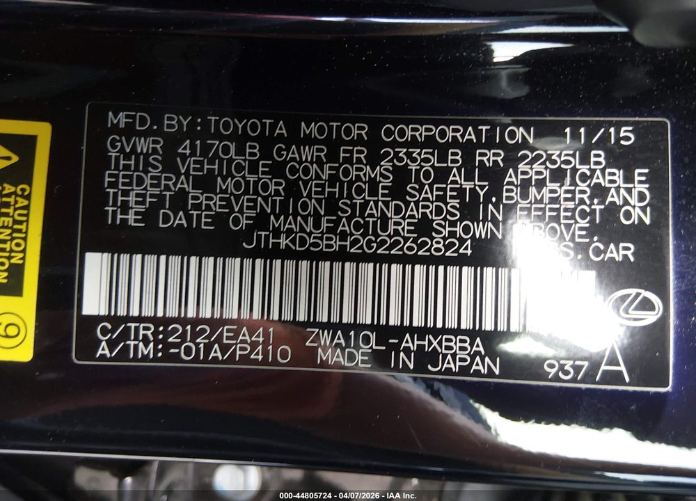 2016 LEXUS CT 200H VIN: JTHKD5BH2G2262824