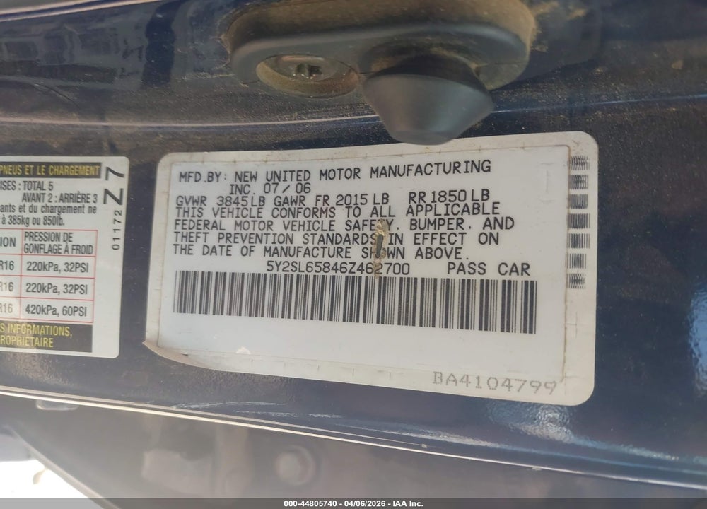 2006 PONTIAC VIBE VIN: 5Y2SL65846Z462700