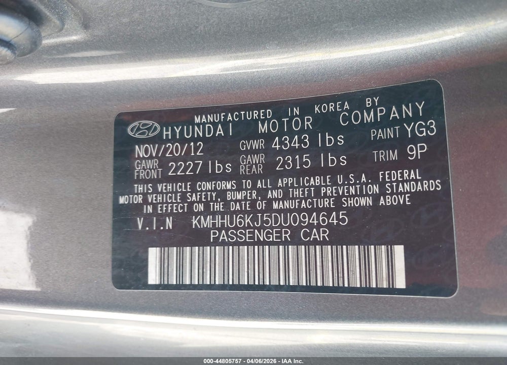 2013 HYUNDAI GENESIS CO VIN: KMHHU6KJ5DU094645