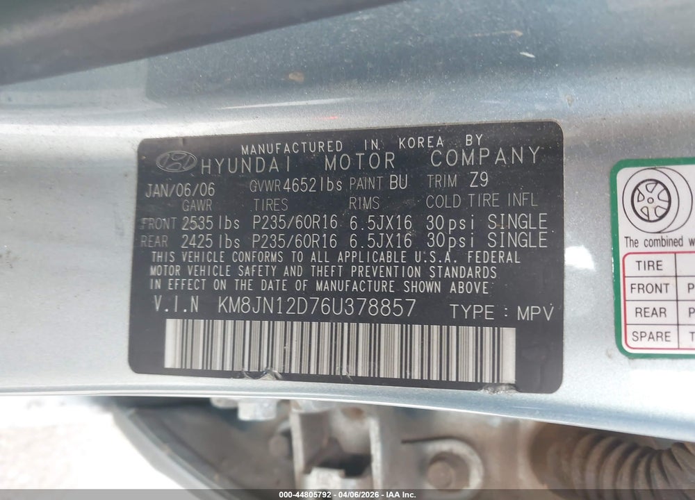 2006 HYUNDAI TUCSON GLS/LIMITED VIN: KM8JN12D76U378857