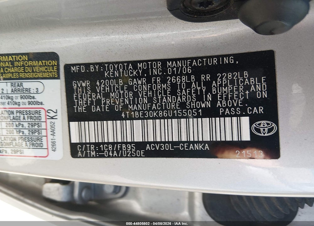 2006 TOYOTA CAMRY LE VIN: 4T1BE30K86U155051