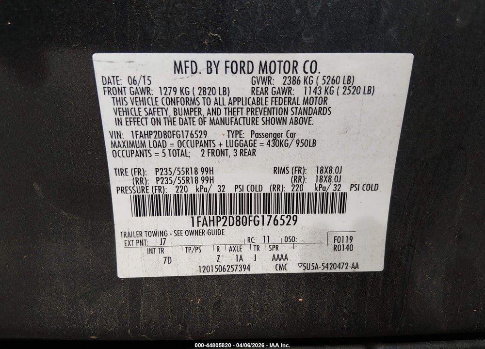 2015 FORD TAURUS SE VIN: 1FAHP2D80FG176529