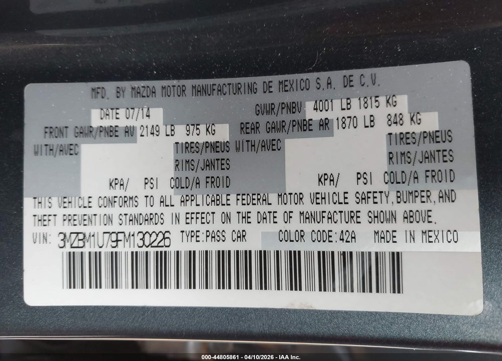 2015 MAZDA 3 I SPORT VIN: 3MZBM1U79FM130226