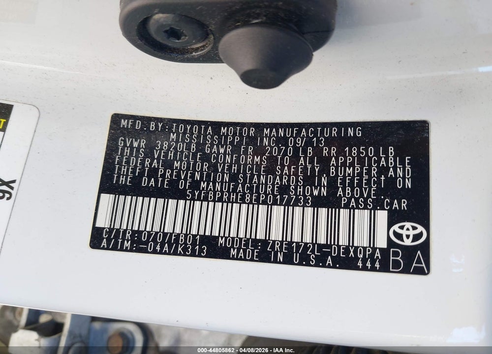 2014 TOYOTA COROLLA LE ECO VIN: 5YFBPRHE8EP017733
