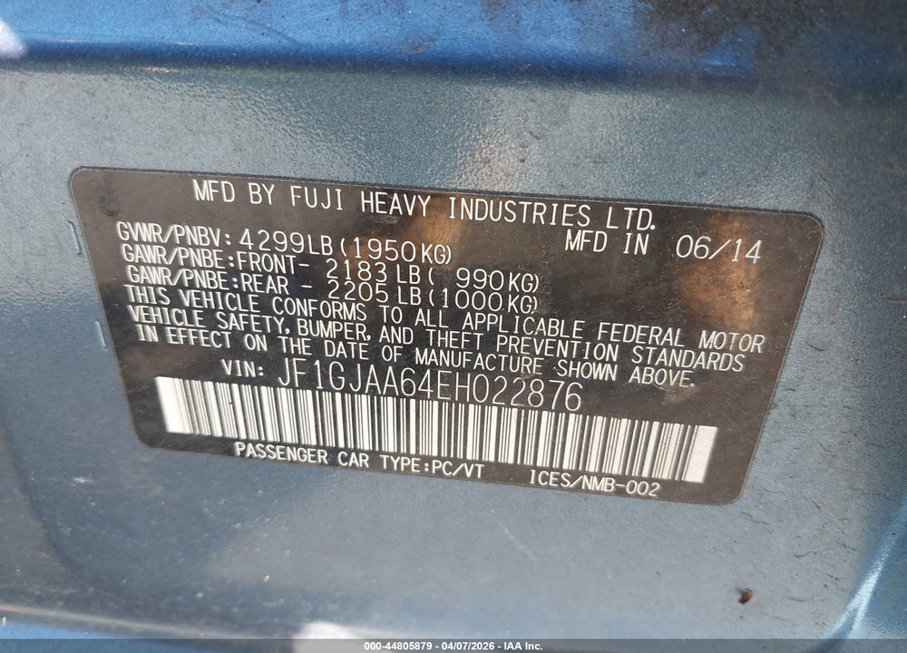 2014 SUBARU IMPREZA 2.0I VIN: JF1GJAA64EH022876