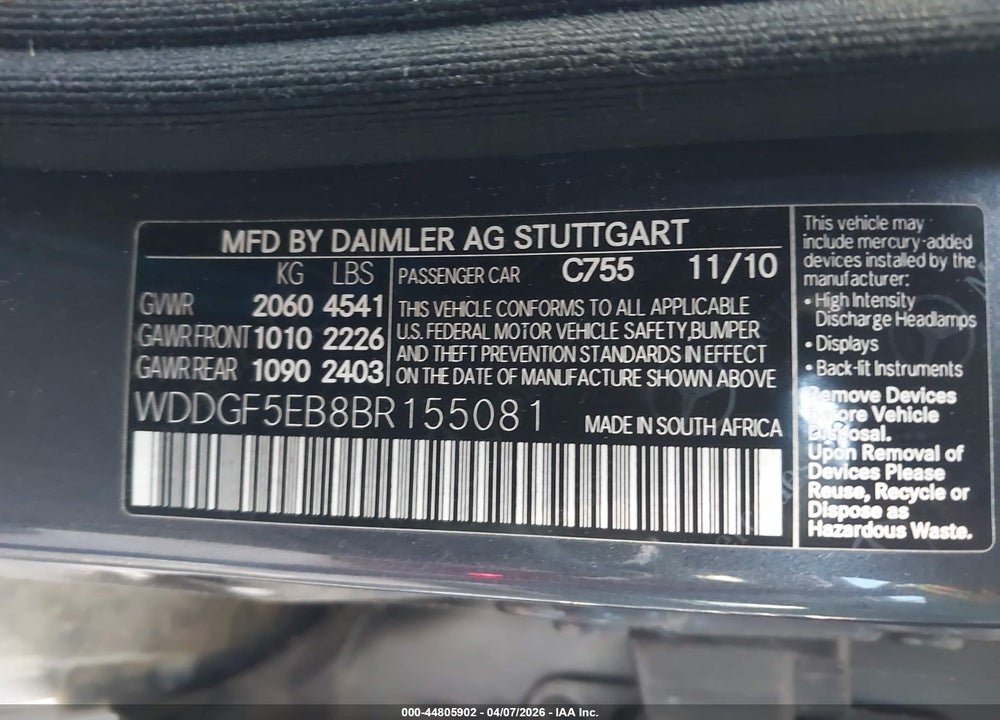 2011 MERCEDES-BENZ C 300 SPORT VIN: WDDGF5EB8BR155081