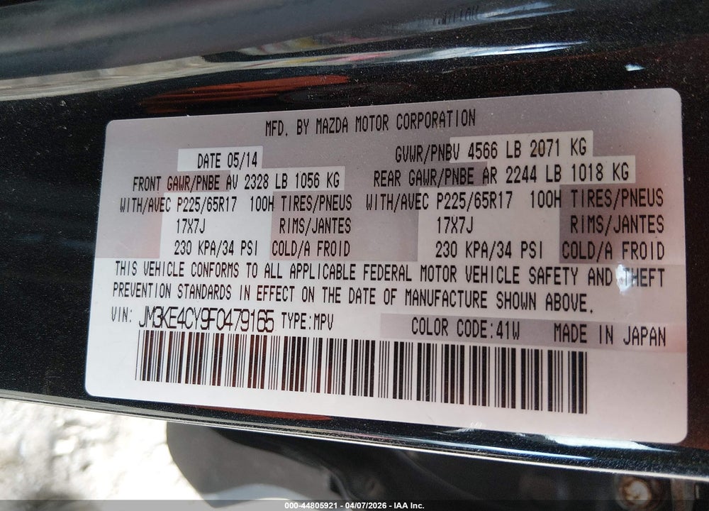 2015 MAZDA CX-5 TOURING VIN: JM3KE4CY9F0479165
