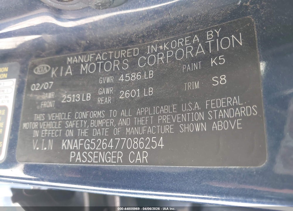2007 KIA RONDO EX V6 VIN: KNAFG526477086254