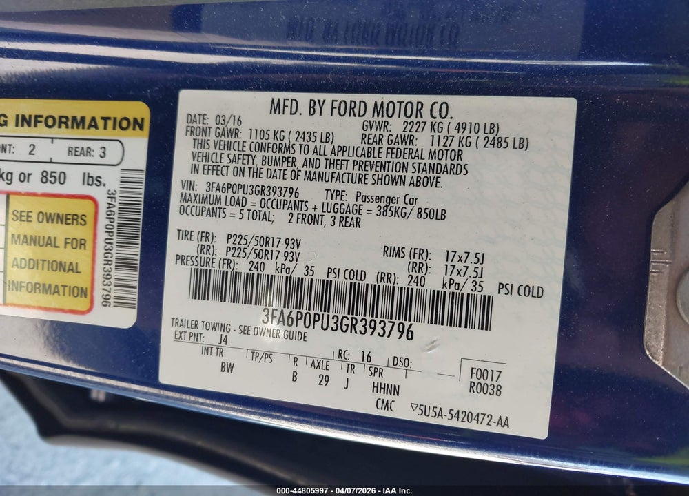 2016 FORD FUSION ENERGI SE LUXURY VIN: 3FA6P0PU3GR393796