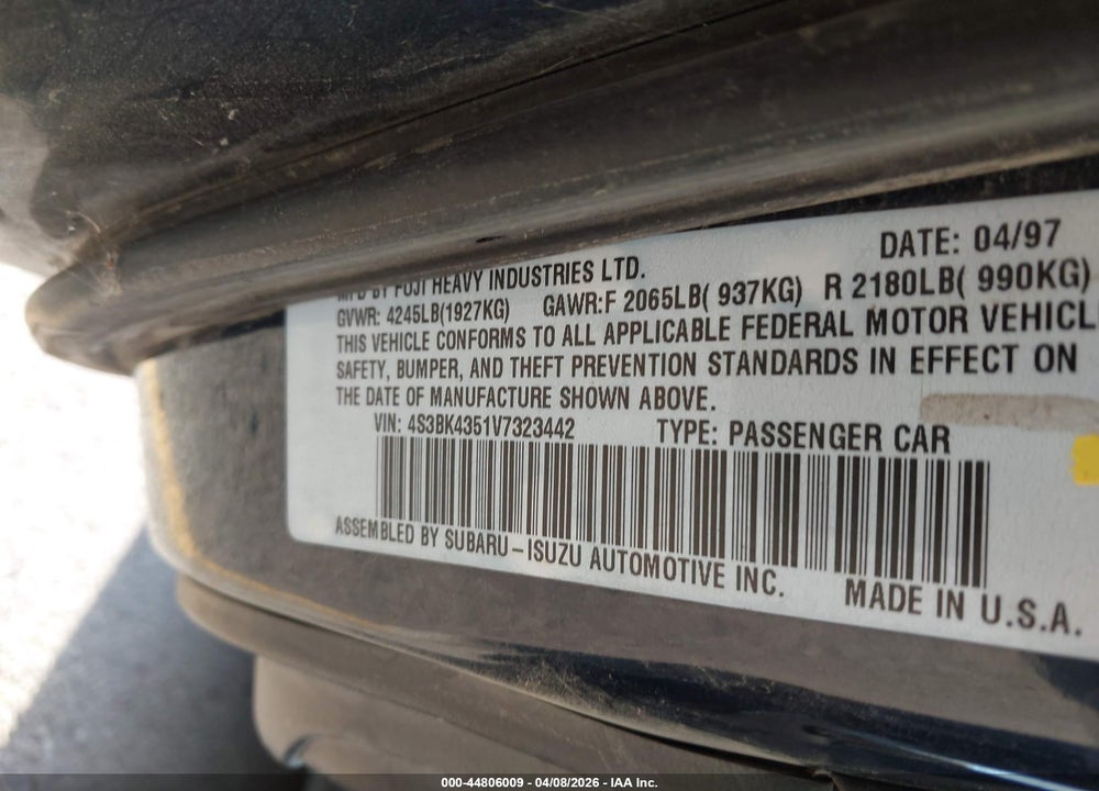 1997 SUBARU LEGACY L/POSTAL RIGHT-HAND DRIVE VIN: 4S3BK4351V7323442