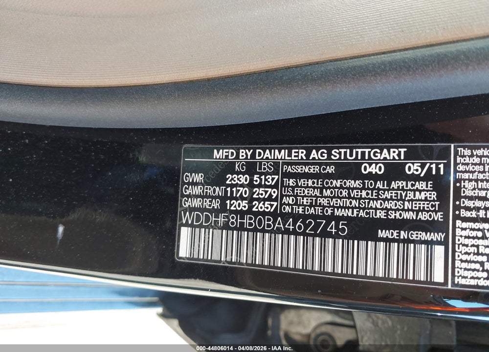 2011 MERCEDES-BENZ E 350 4MATIC VIN: WDDHF8HB0BA462745