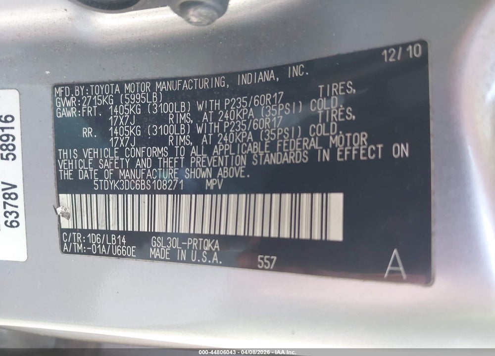 2011 TOYOTA SIENNA XLE V6 VIN: 5TDYK3DC6BS108271