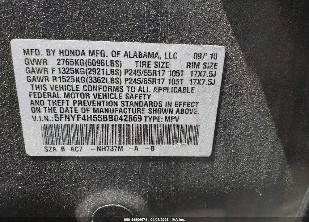 2011 HONDA PILOT EX-L VIN: 5FNYF4H55BB042869