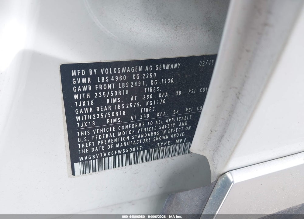 2015 VOLKSWAGEN TIGUAN SE VIN: WVGBV7AX6FW580077