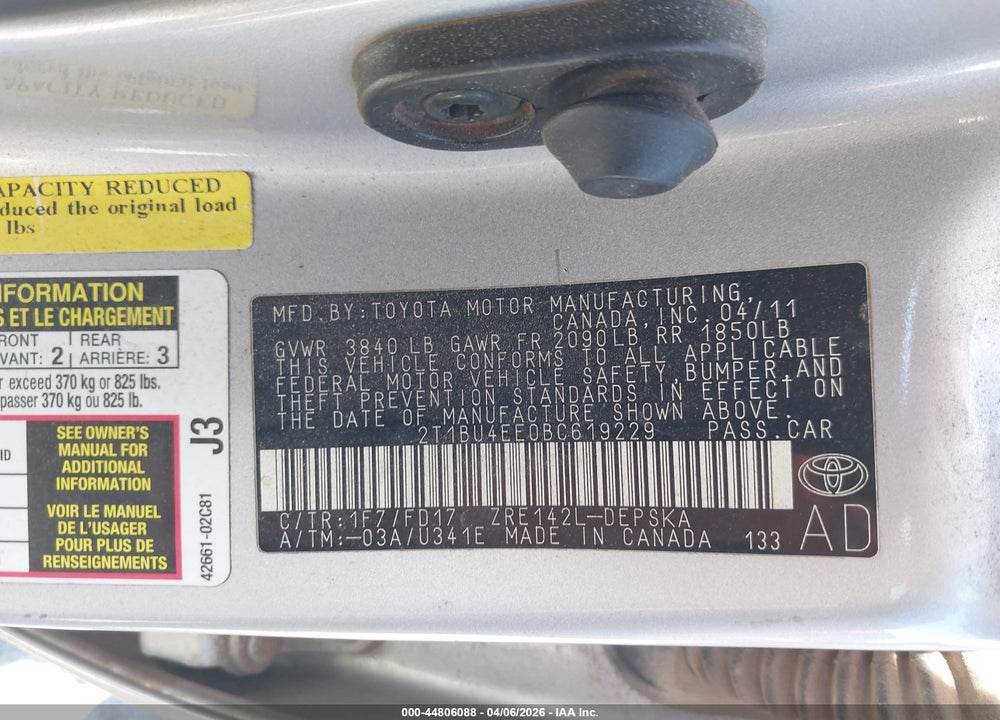 2011 TOYOTA COROLLA S VIN: 2T1BU4EE0BC619229