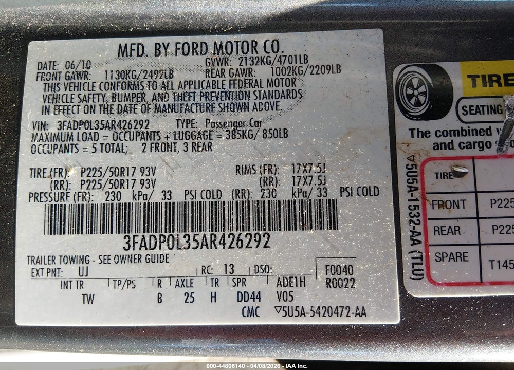 2010 FORD FUSION HYBRID VIN: 3FADP0L35AR426292