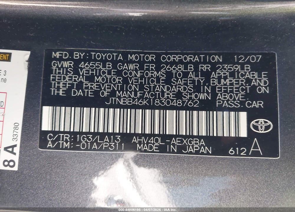 2008 TOYOTA CAMRY HYBR VIN: JTNBB46K183048762