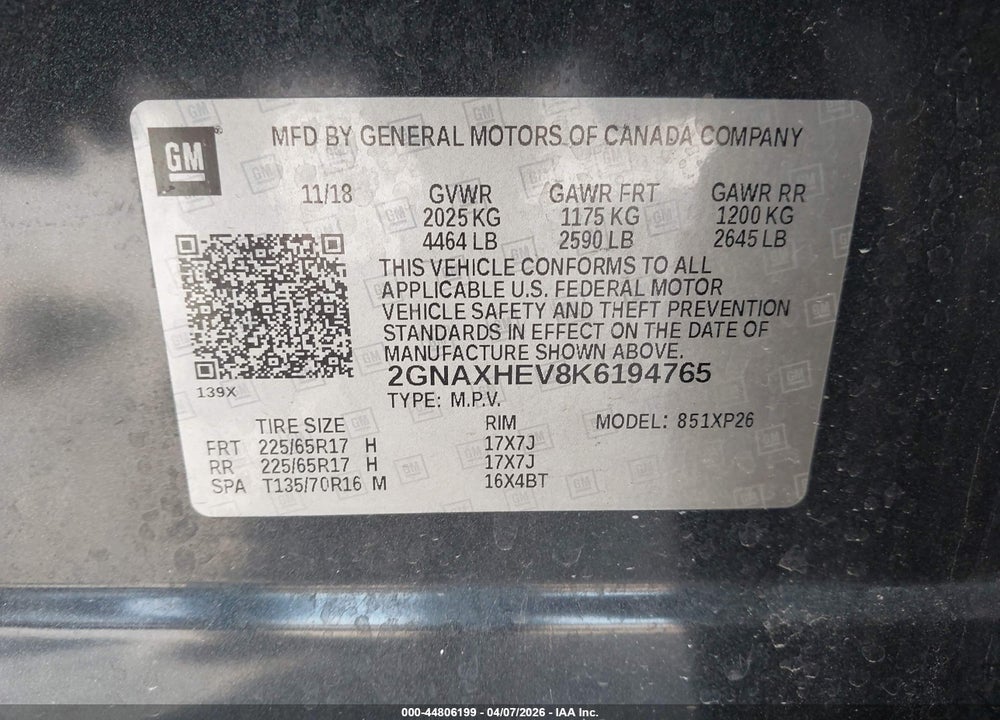 2019 CHEVROLET EQUINOX LS VIN: 2GNAXHEV8K6194765