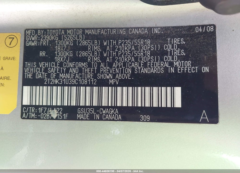 2009 LEXUS RX 350 VIN: 2T2HK31U39C108112