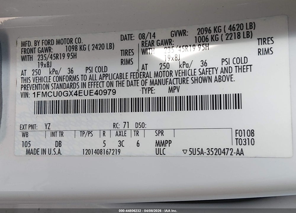 2014 FORD ESCAPE SE VIN: 1FMCU0GX4EUE40979