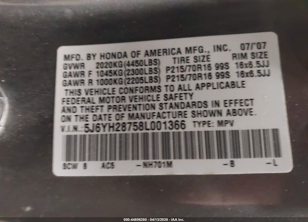 2008 HONDA ELEMENT EX VIN: 5J6YH28758L001366