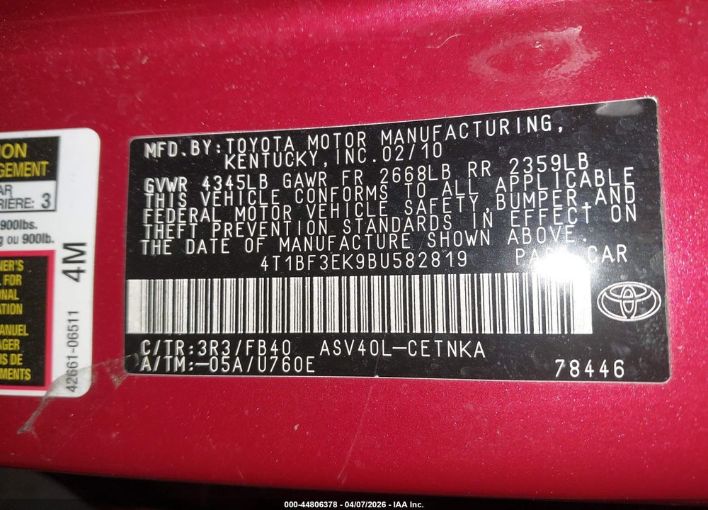 2011 TOYOTA CAMRY LE VIN: 4T1BF3EK9BU582819
