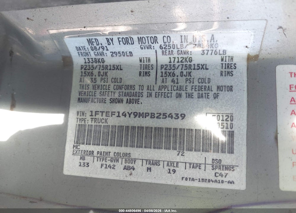 1991 FORD F150 VIN: 1FTEF14Y9MPB25439