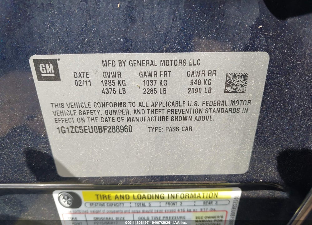 2011 CHEVROLET MALIBU 1LT VIN: 1G1ZC5EU0BF288960