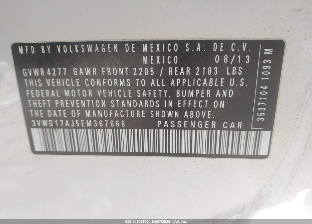 2014 VOLKSWAGEN JETTA 1.8T SE VIN: 3VWD17AJ5EM367668