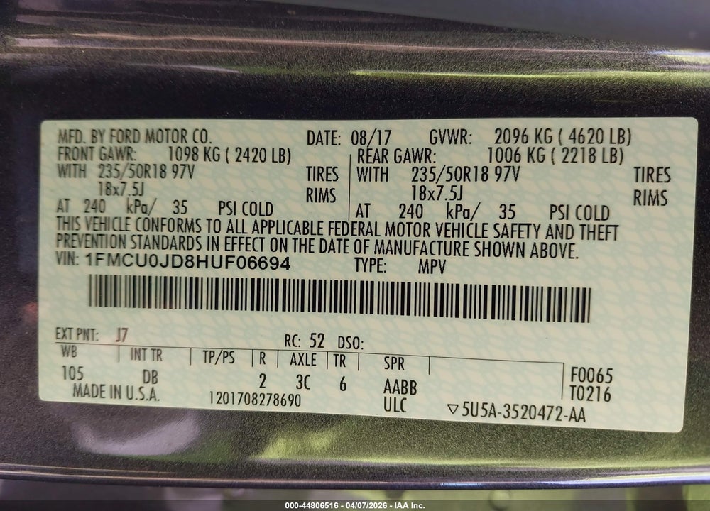 2017 FORD ESCAPE TITANIUM VIN: 1FMCU0JD8HUF06694