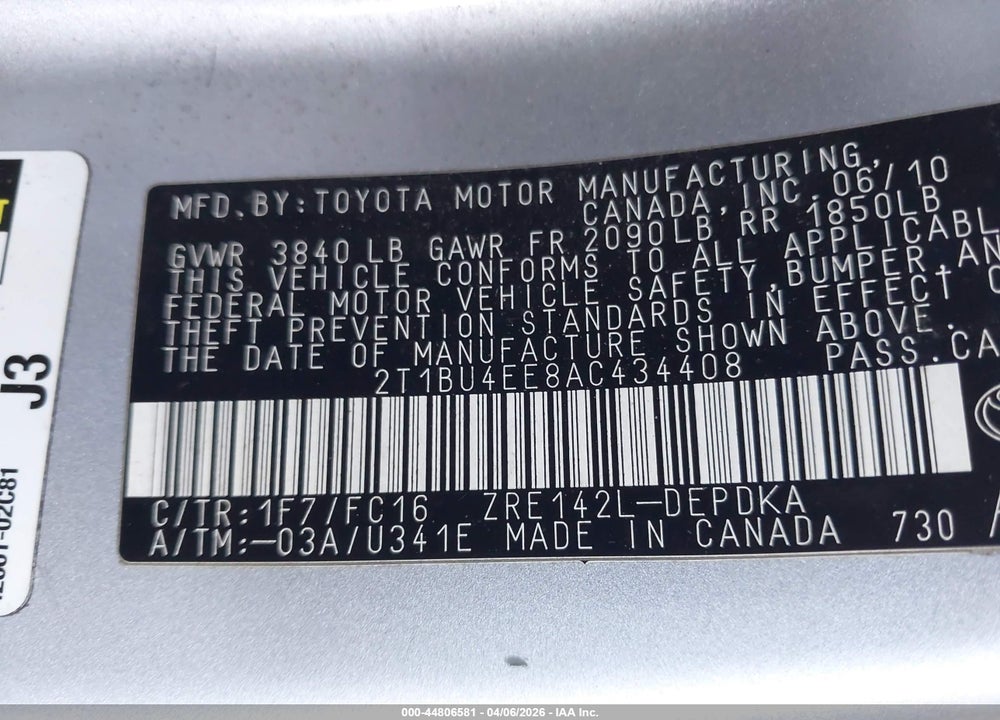 2010 TOYOTA COROLLA LE VIN: 2T1BU4EE8AC434408