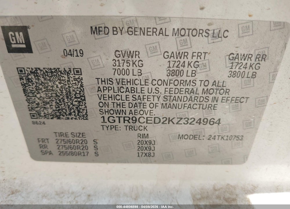 2019 GMC SIERRA 1500 ELEVATION VIN: 1GTR9CED2KZ324964