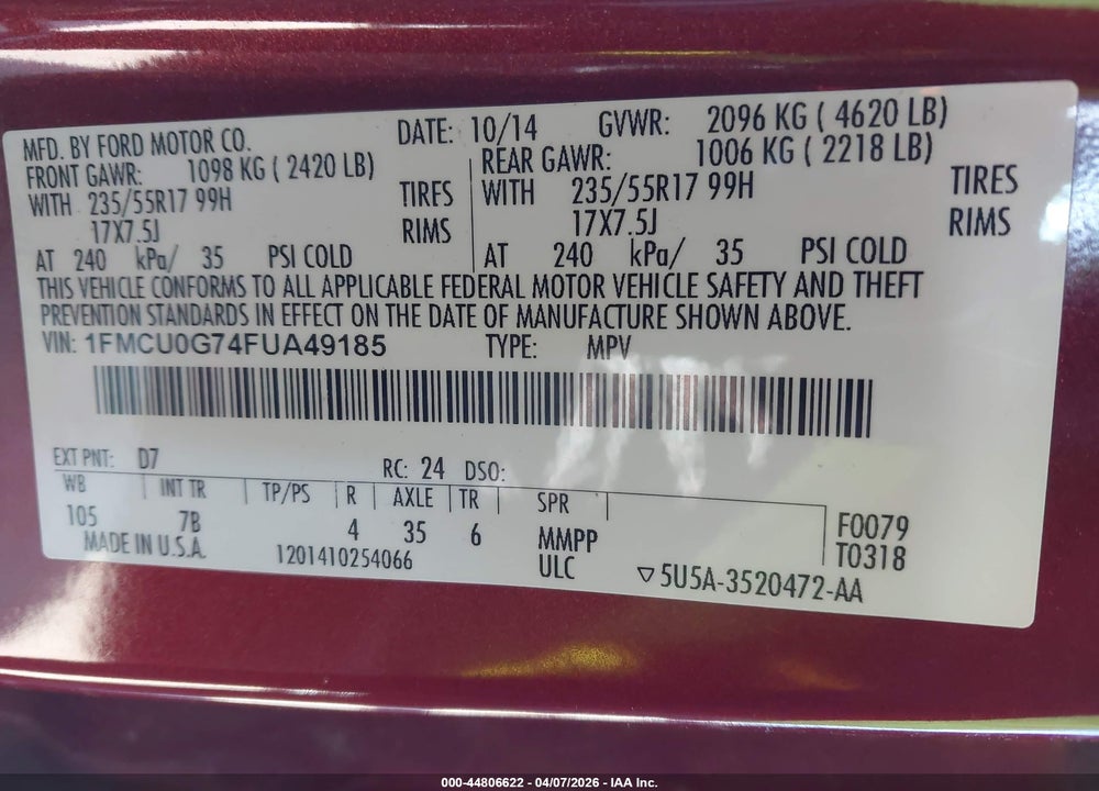 2015 FORD ESCAPE SE VIN: 1FMCU0G74FUA49185