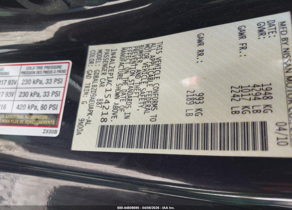 2010 NISSAN ALTIMA 2.5 S VIN: 1N4AL2EP1AC154218