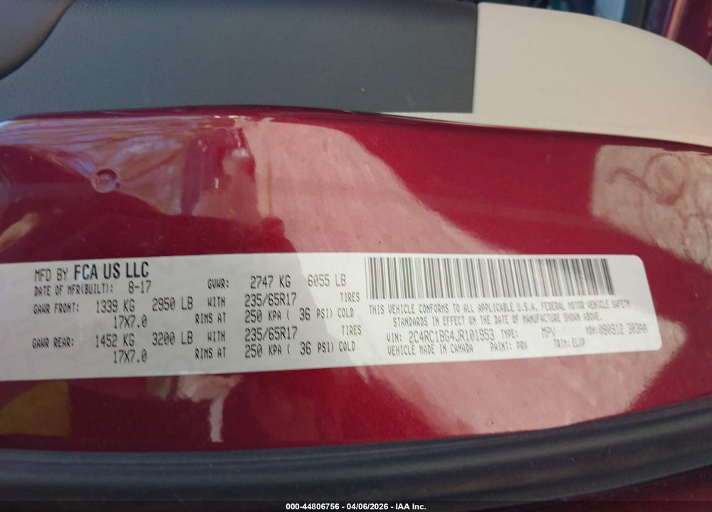 2018 CHRYSLER PACIFICA TOURING L VIN: 2C4RC1BG4JR101953
