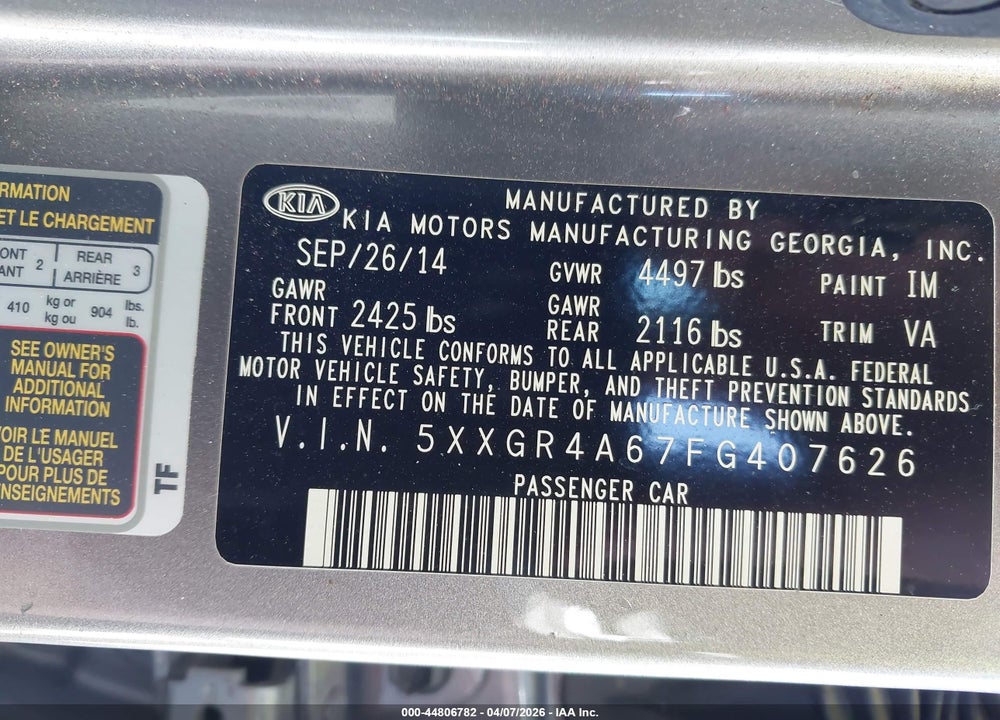 2015 KIA OPTIMA SX TURBO VIN: 5XXGR4A67FG407626