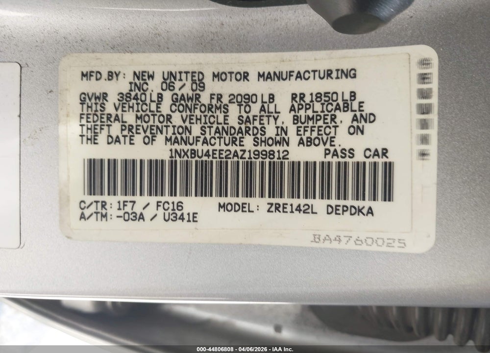 2010 TOYOTA COROLLA LE VIN: 1NXBU4EE2AZ199812