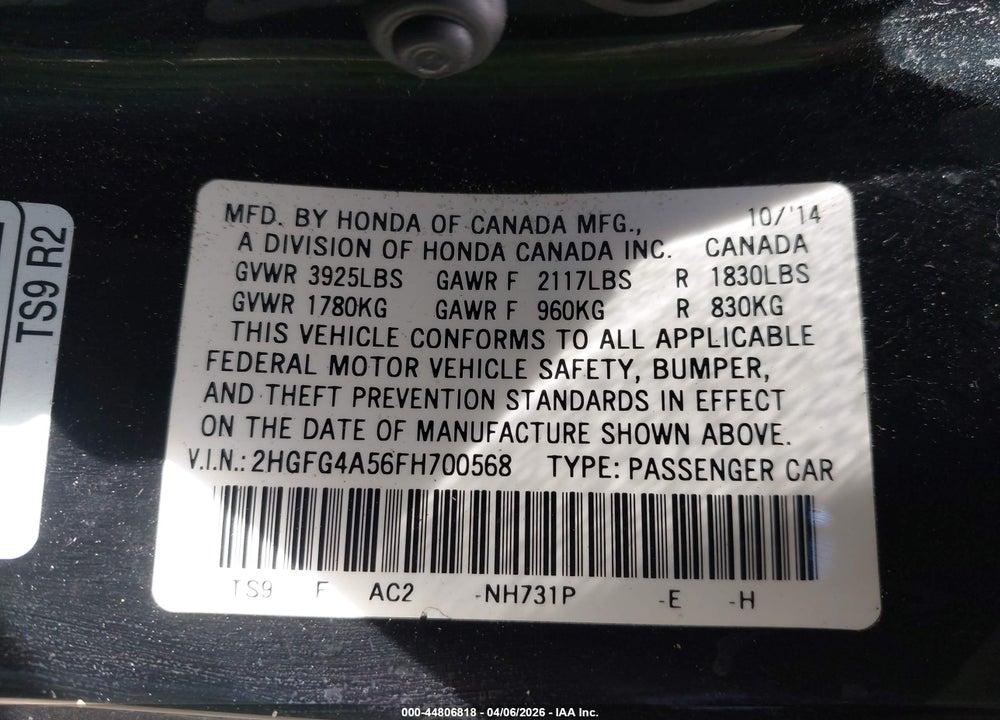 2015 HONDA CIVIC SI VIN: 2HGFG4A56FH700568