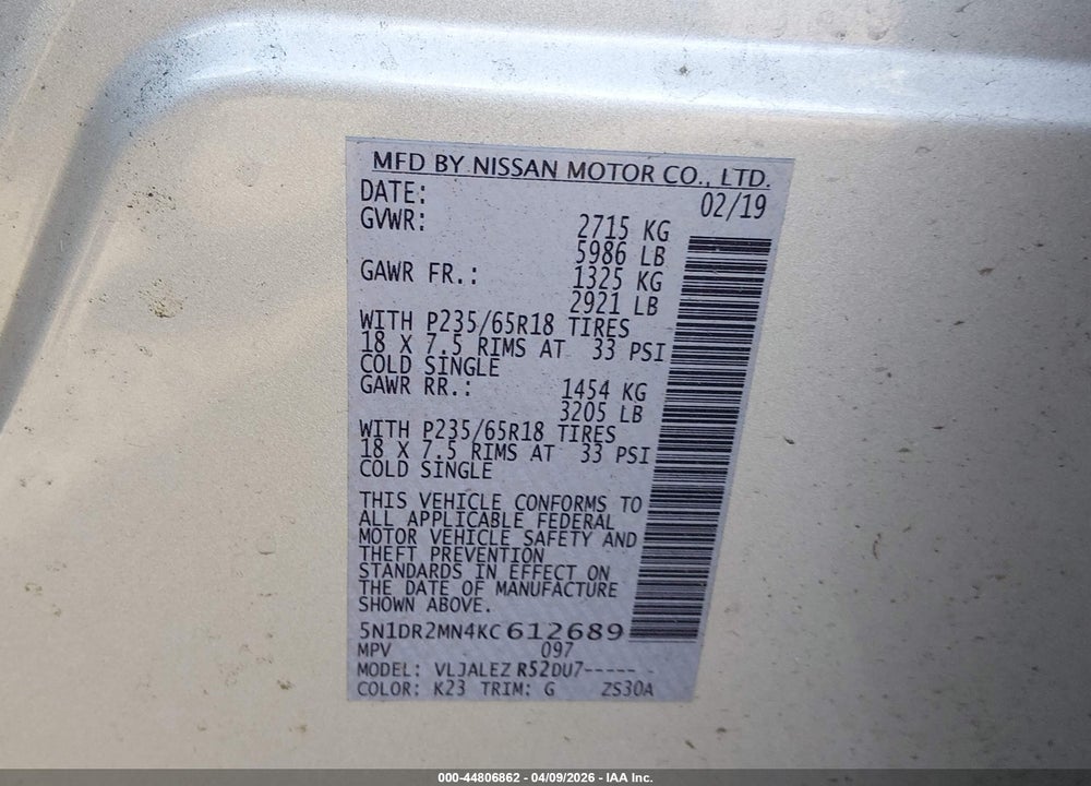 2019 NISSAN PATHFINDER SV VIN: 5N1DR2MN4KC612689