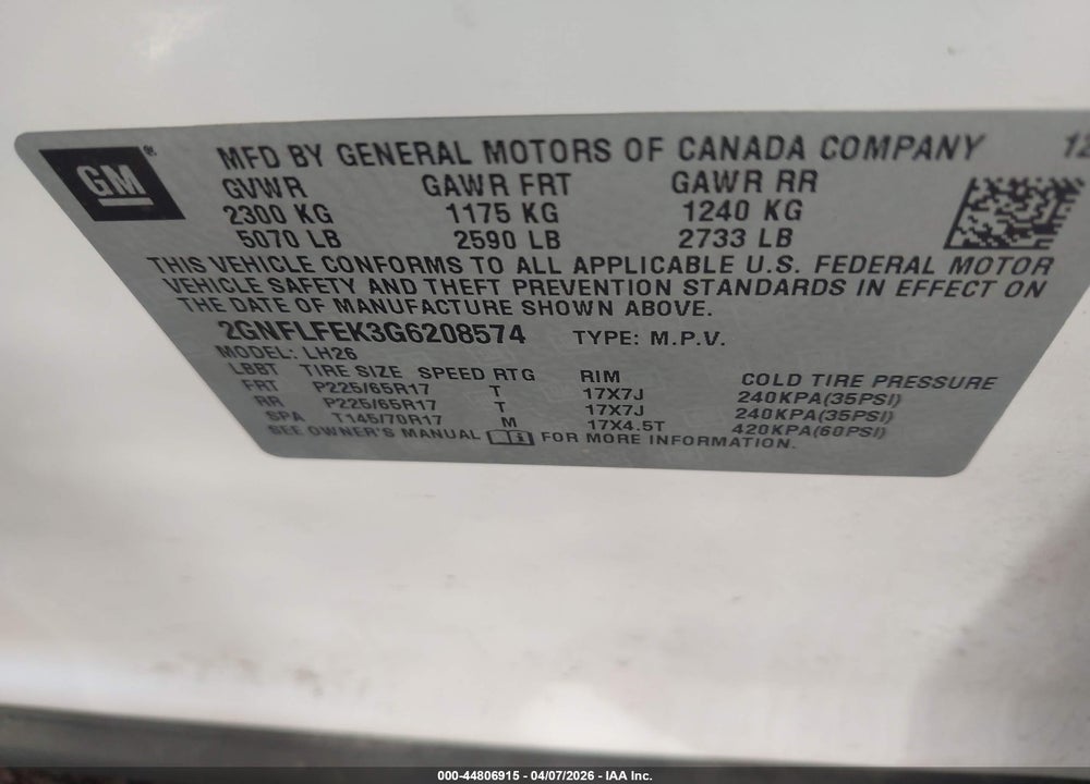 2016 CHEVROLET EQUINOX LT VIN: 2GNFLFEK3G6208574