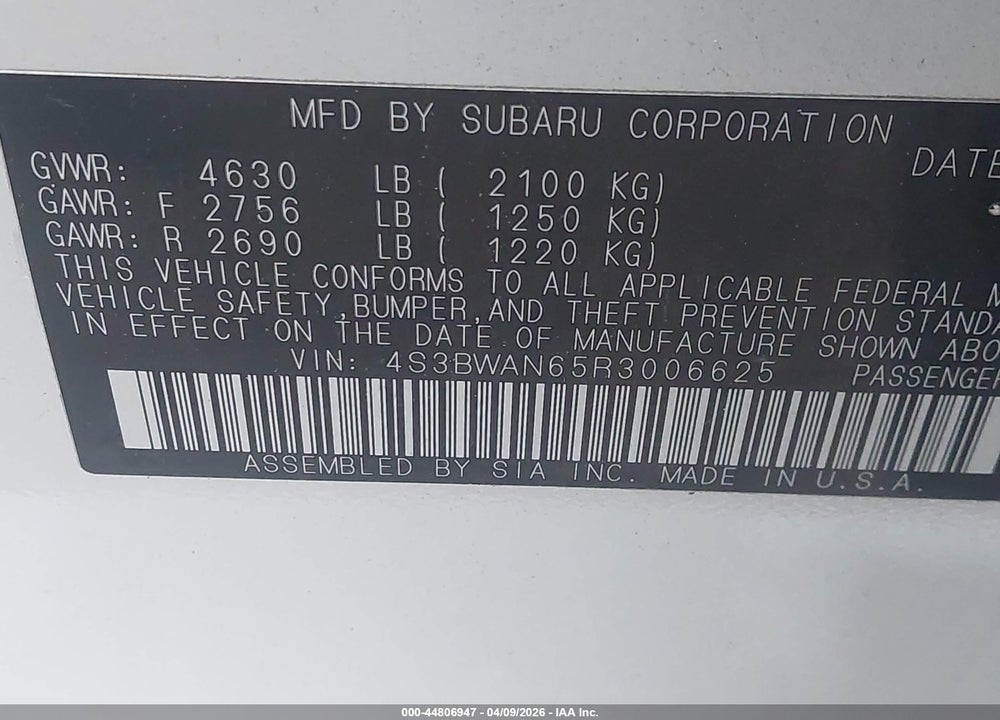 2024 SUBARU LEGACY LIMITED VIN: 4S3BWAN65R3006625